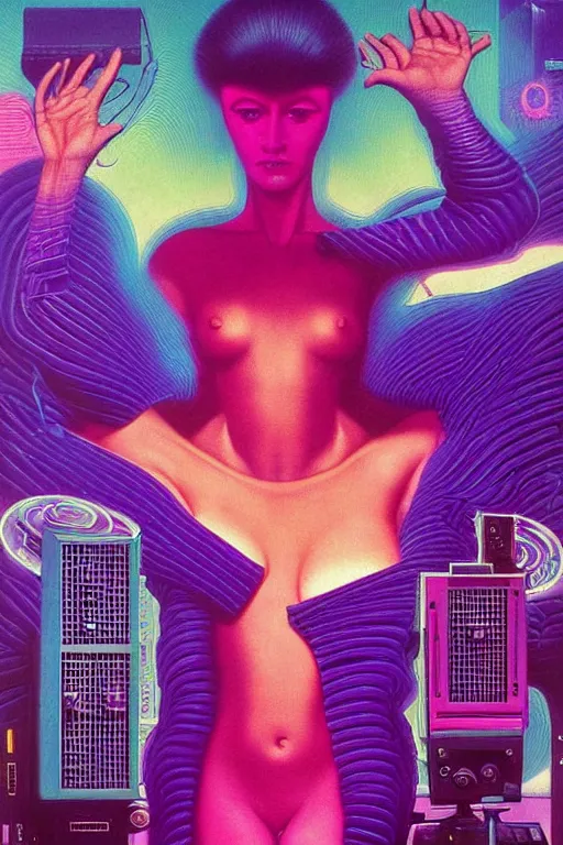 Prompt: 8 0 s art deco, trillian miles, computers, cinematic dramatic cyberpunk textural fluid lines purple, pink, blue, green. otherworldly vaporwave interesting details fantasy lut epic composition by basquiat zdzisław beksinski james jean artgerm rutkowski moebius francis bacon gustav klimt