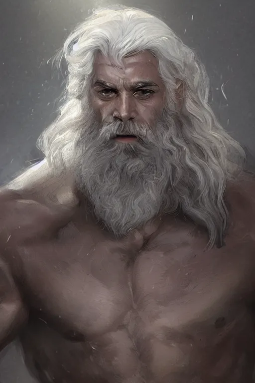 Image similar to painted portrait of rugged zeus, god of thunder, greek god, white hair, masculine, mature, handsome, upper body, muscular, hairy chest, fantasy, intricate, elegant, highly detailed, digital painting, artstation, concept art, smooth, sharp focus, illustration, art by gaston bussiere and greg rutkowski