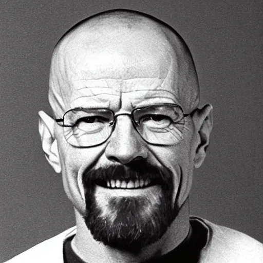 Prompt: yearbook photo of walter white smiling
