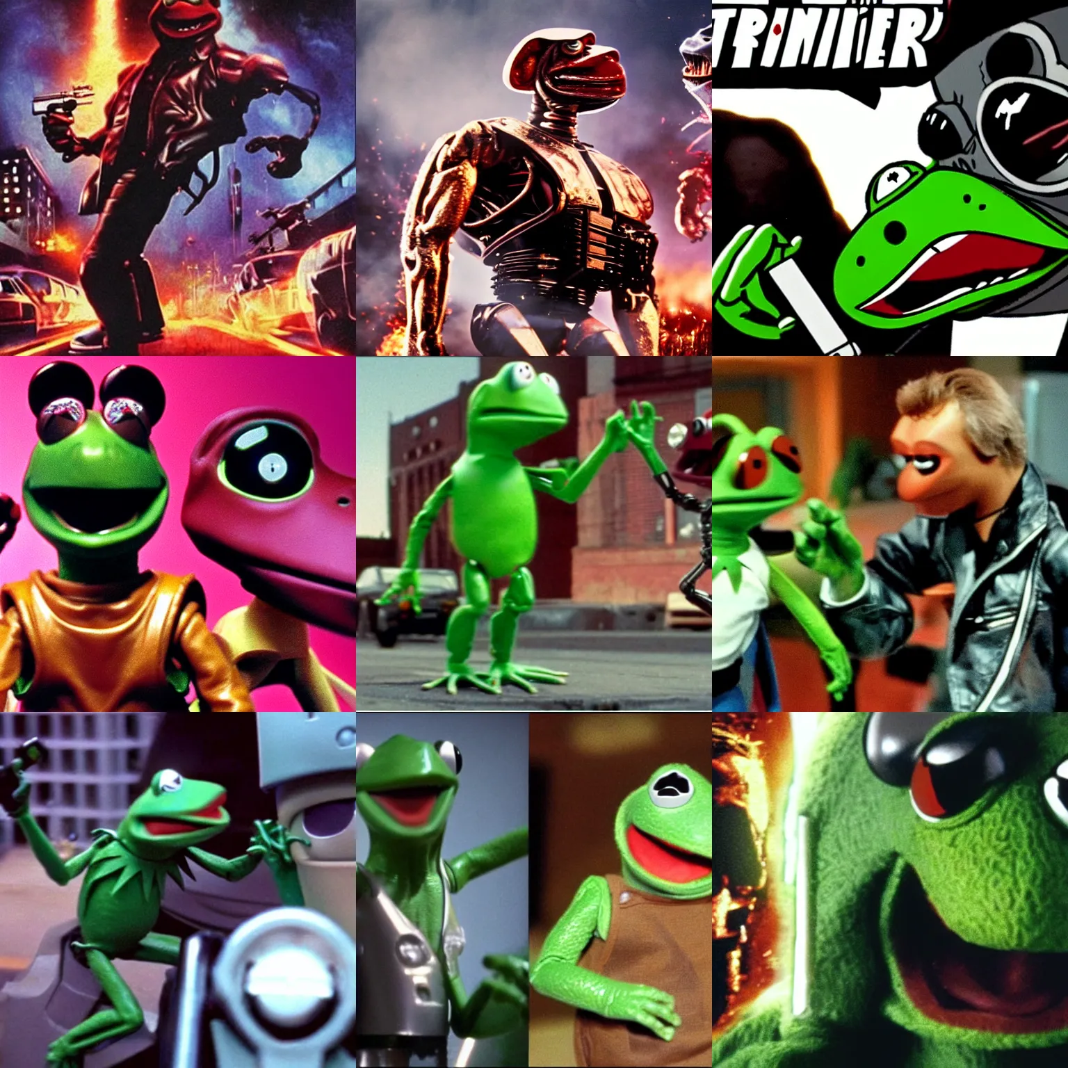 Prompt: The Terminator fighting against Kermit the frog, style film