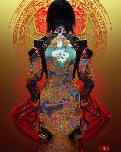 Image similar to portrait of a chinese cyberpunk machine, machine face, arms, upper half portrait, decorated with chinese opera motifs, regal, asian, fine china, wuxia, traditional chinese art intricate intense elegant 京 剧 highly detailed digital painting artstation concept art smooth sharp focus illustration, art by artgerm and greg rutkowski alphonse mucha 8 k