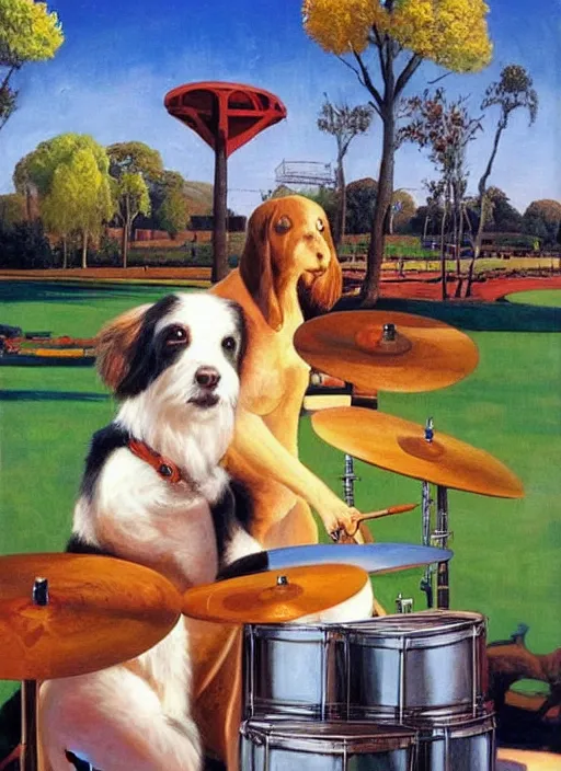 Prompt: dog playing drums, looking at a girl, large scale painting by robert mccall and vladimir kush