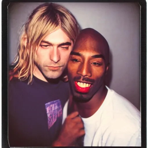 Image similar to Polaroid photograph of Kurt Cobain and Tupac Shakur in a club, blurry, XF IQ4, 150MP, 50mm, F1.4, ISO 200, 1/160s, natural light, Adobe Lightroom, photolab, Affinity Photo, PhotoDirector 365,