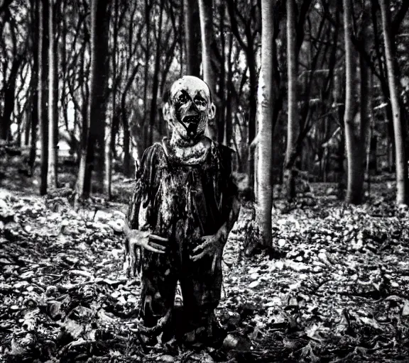 Image similar to zombie clown spotted in a dark forest, found footage, black and white