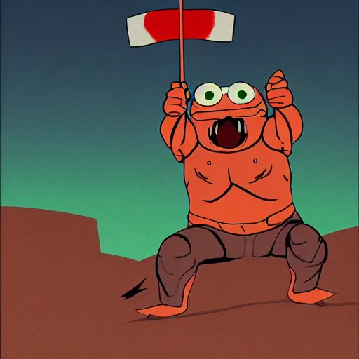 Prompt: Pepe frog muscular warrior character in Joan Cornella style, HD , 4K, volume light, sharp focus, cinematic composition, dramatic pose, hyper detailed,