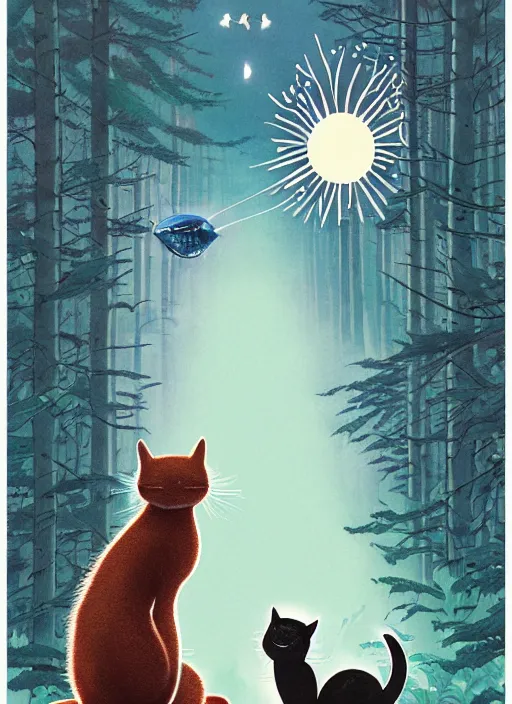 Image similar to a hyper realistic ink cat and the meaning of life and sunbeams blue sky, lush forest poster art by chiara bautista and kim jung giu and norman rockwell and greg rutkowski weta studio, and lucasfilm