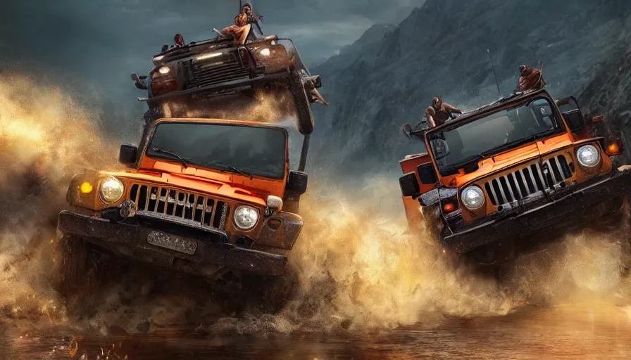 Image similar to mahindra thar, tribe members attacking, action scene, an epic fantasy, dramatic lighting, cinematic, establishing shot, extremely high detail, photorealistic, cinematic lighting, artstation, by christopher nolan, asphalt 9