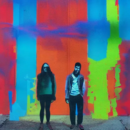 Image similar to a couple of people standing in front of a building, graffiti art by andre de krayewski, featured on flickr, crayon art, dystopian art, multiple exposure, glitch art
