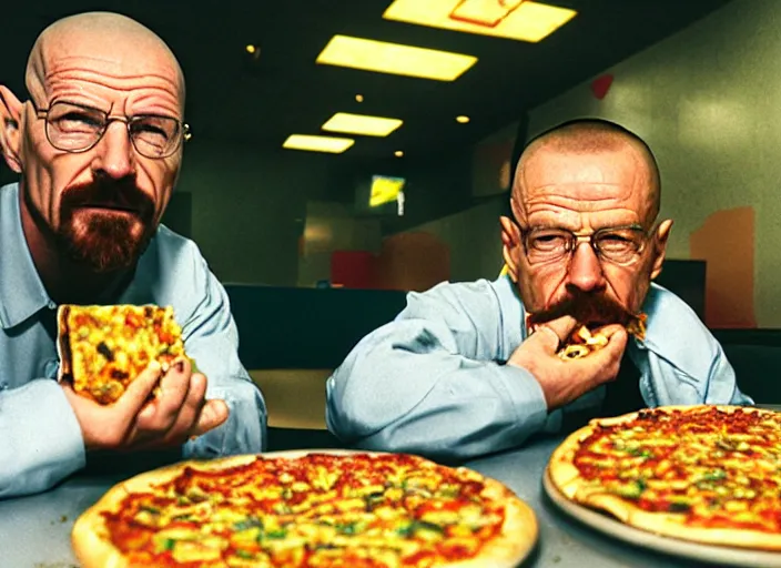 Prompt: cinematic portrait of walter white eating pizza at chuck - e - cheese, with sloppy cheesy sauce getting slopped up all over the place, dramatic lighting, moody film still from breaking bad ( 2 0 1 6 ), 3 5 mm kodak color stock, detailed face, 2 4 mm lens, directed by spike jonze, ecktochrome