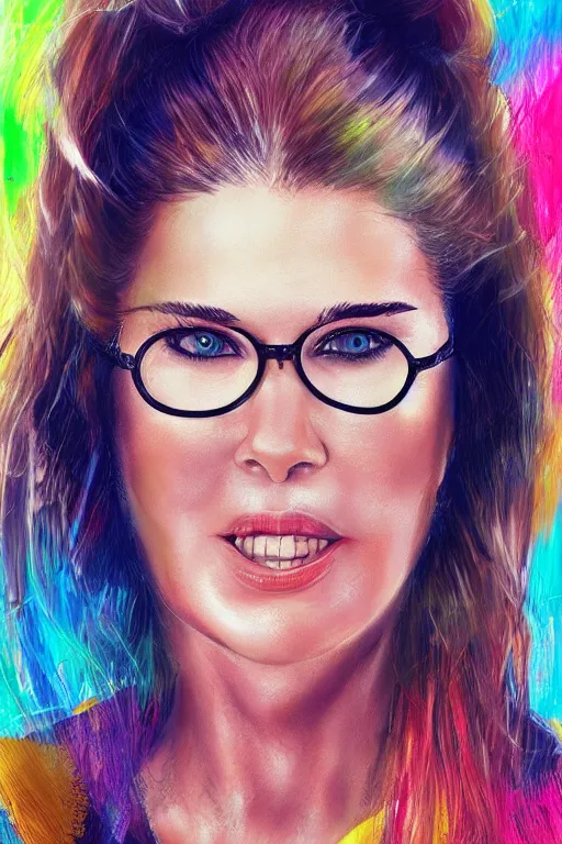 Prompt: mix of beautiful young maria shriver, mariel hemmingway, brooke shields, nicole kidman and elle macpherson as a zumba instructor, thin lips, hair tied up in a pony tail, dark blonde hair, colorful, artstation, cgsociety