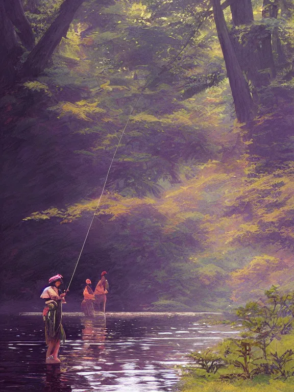 Image similar to an ultradetailed beautiful portrait painting of an female tribe native fishing in a redwood forest lake, side view, oil painting, high resolution, by ilya kuvshinov, greg rutkowski and makoto shinkai