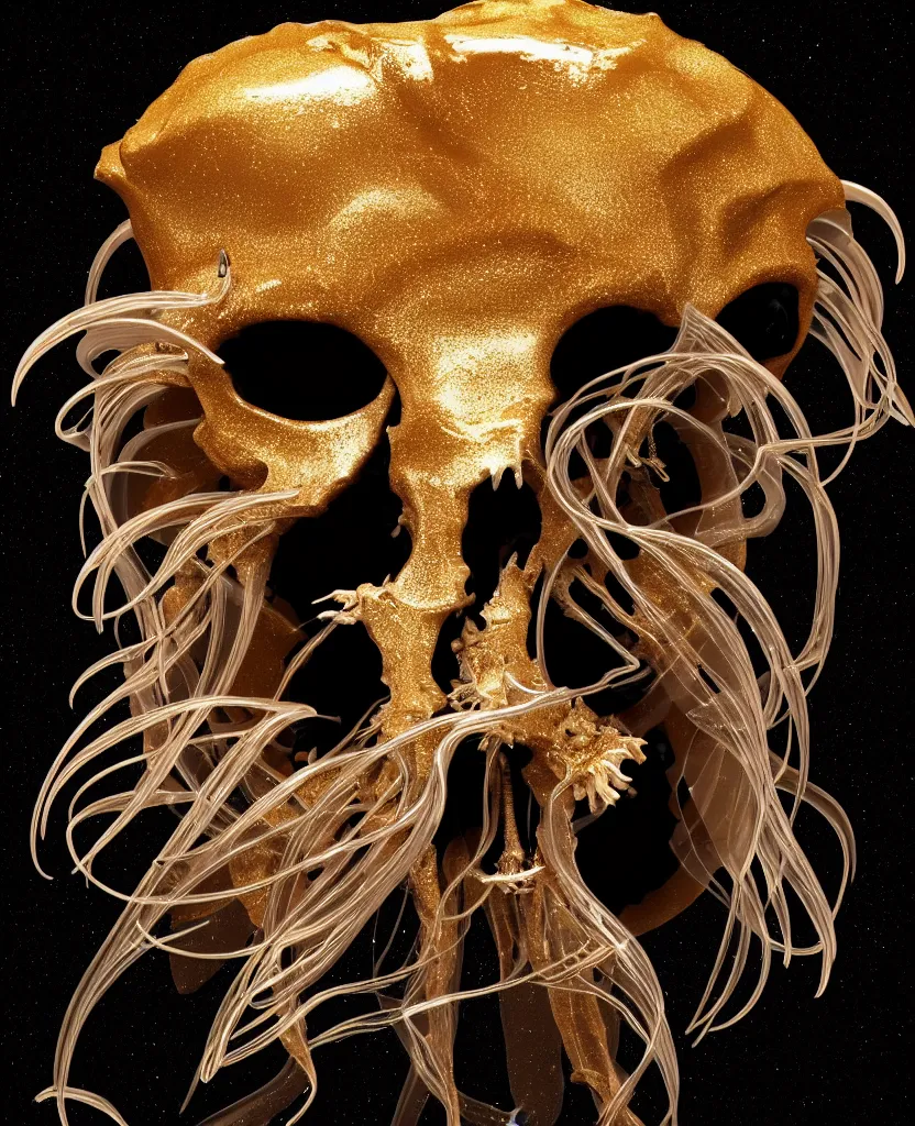 Image similar to black background. goddess princess face close-up portrait ram skull. sculpture made of gold and brilliants. jellyfish phoenix head, nautilus, orchid, skull, betta fish, bioluminiscent creatures, intricate artwork by Tooth Wu and wlop and beeple. octane render, trending on artstation, greg rutkowski very coherent symmetrical artwork. cinematic, hyper realism, high detail, octane render, 8k