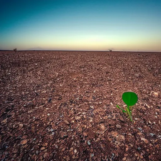 Image similar to a single lone sprout grows in a barren desert, the horizon is visible in the background, low angle 8k HD nature photo