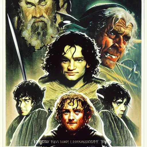 Image similar to variations on the legendary theatrical release poster of ralph bakshi lord of the rings movie, artist norman rockwell