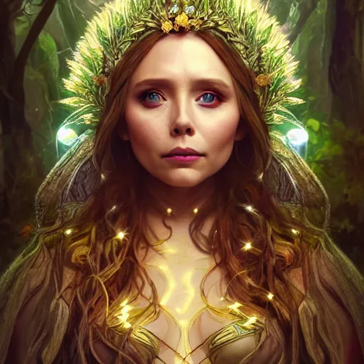 Prompt: elizabeth olsen as the goddess of nature!!!, golden ratio!!!!!, centered, trending on artstation, 8 k quality, cgsociety contest winner, artstation hd, artstation hq, luminous lighting