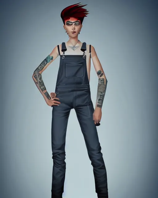 Prompt: an androgynous punk girl with short hair who is a mechanic wearing overalls, grey background, illustration, character concept design, trending on artstation