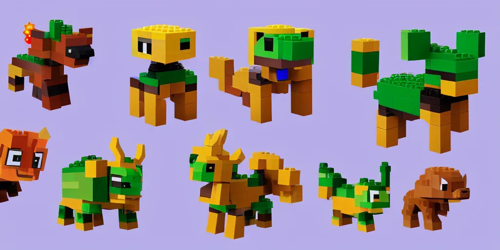 Image similar to small creature made of a single brick, four legged, big cute eyes, quadrupedal, cute looking, kawaii, sharp focus, character, game concept art, blocky, lego mixels, flat toon style like katamari damacy inspired, pokemon inspired, blocky like minecraft