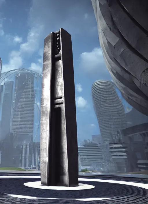 Prompt: highly detailed render of a high tech futuristic tall stele standing on the road ring made in unreal engine 4