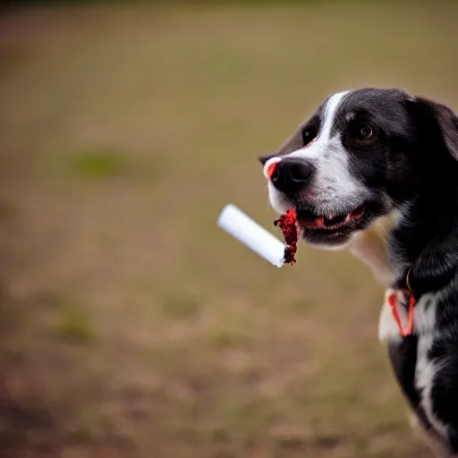 Prompt: a photograph of a dog with a cigarette in its mouth, low depth of field