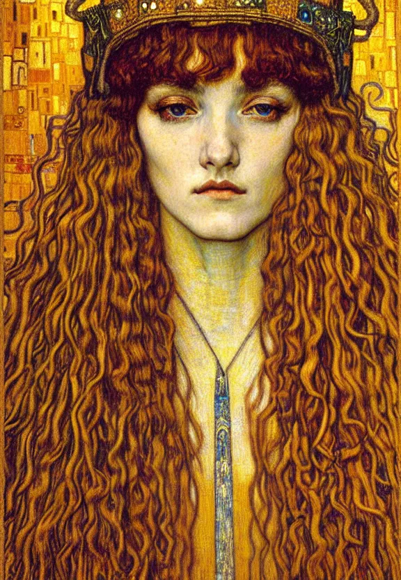 Image similar to detailed realistic beautiful young medieval queen face portrait by jean delville, gustav klimt and vincent van gogh, art nouveau, symbolist, visionary, gothic, pre - raphaelite, muted earthy colors, desaturated