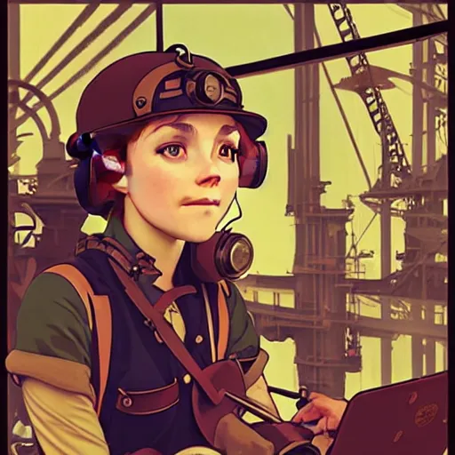 Prompt: Portrait of annasophia robb as an airship mechanic at her crammed workbench, steampunk, defined facial features, highly detailed, busy, artstation, official artbook, official Kyoto Animation and Studio Ghibli anime screenshot, by Ilya Kuvshinov and Alphonse Mucha