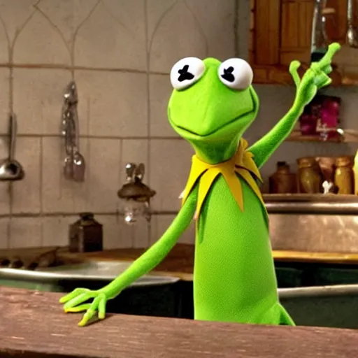 Prompt: A still of Kermit the frog from the movie Ratatouille (2007)