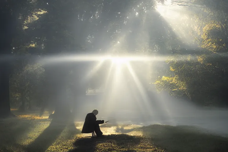 Image similar to business man smoking herb on the front stoop by marc adamus, morning, mist, smoke, rays of light, beautiful