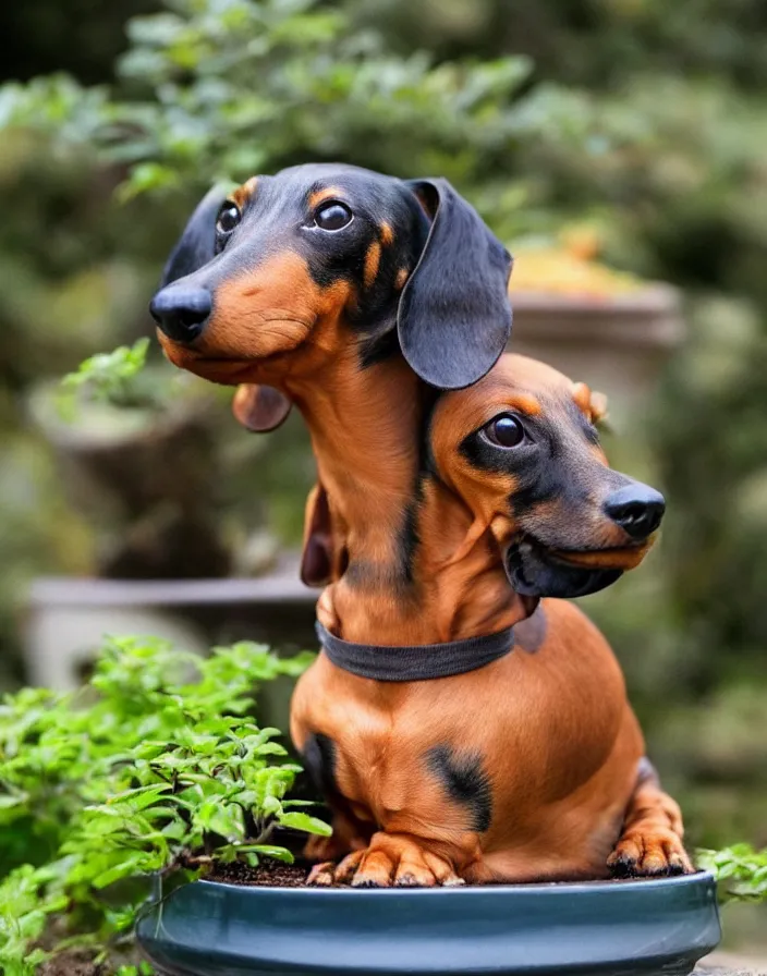 Prompt: Dachshund growing from a bonsai pot