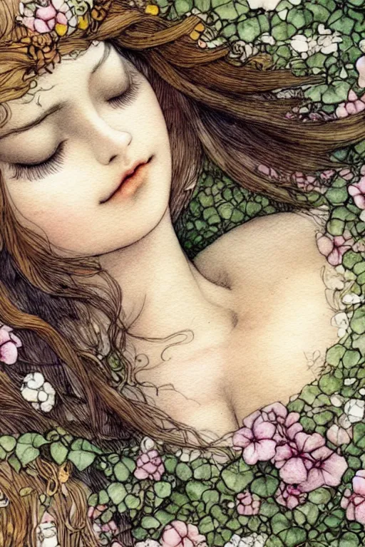 Image similar to closeup face shot of sleeping woman with long hair on a bed surrounded by ivy and flowers, fantasy art, trending on artstation, sleeping beauty fairytale, art by luis royo and walter crane and kay nielsen, watercolor illustration,