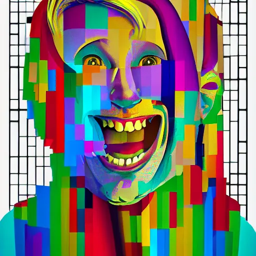 Prompt: a portrait of a laughing man with ginger hair, by ross tran in a cubist style rendered in minecraft, psychedelic, rainbow, swirling splattered colors, otherworldly, abstract