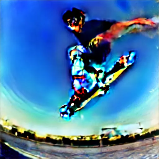 Image similar to award winning color photo of, Tony Hawk, skateboarding, doing a 900, in the 1986 vert contest, fisheye lens, detailed faces, detailed skateboard, 8k, balanced composition