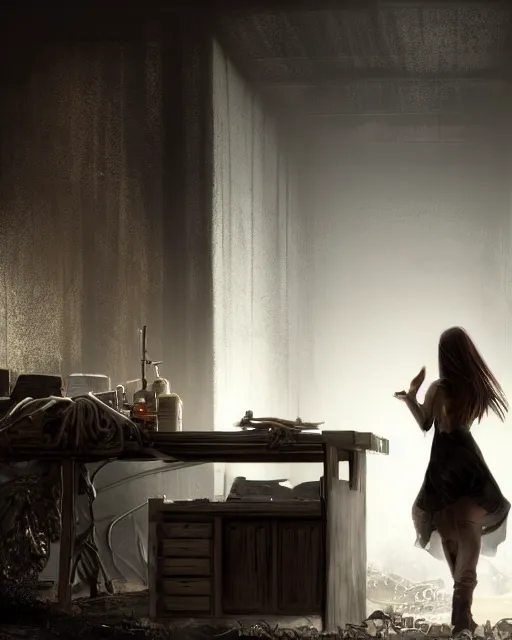 Image similar to style : disco elysium. composition : medium shot. style : digital art ; detailed ; menacing ; 4 k. scenery : the inside of a dark barn ; a faint ray of light is shining through a crack in the planks. subject : a young woman ; dark hair ; wearing a white dress. action : the woman is hiding behind a workbench.