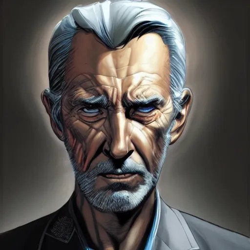 Image similar to marvel comic book style portrait painting of an old thin wispy man with a mean intelligent face, wearing a futuristic lab coat, standing in front of a computer simulation, sci - fi, intricate, elegant, highly detailed, digital painting, artstation, concept art, matte, sharp focus, illustration, art by artgerm and greg rutkowski and jim burns and alan lee