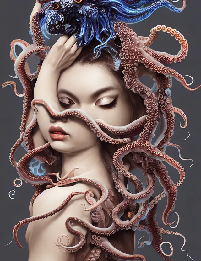 Image similar to 3 d goddess octopus half - turn portrait with long hair with ram skull. beautiful intricately detailed japanese crow kitsune mask and clasical japanese kimono. betta fish, jellyfish phoenix, bio luminescent, plasma, ice, water, wind, creature, artwork by tooth wu and wlop and beeple and greg rutkowski