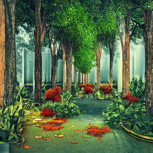 Prompt: Beautiful city of the future, overgrown with trees and plants. Nice colour scheme, warm colour. Grainy. Beautiful artistic digital artwork by artist Lurid. (2022)