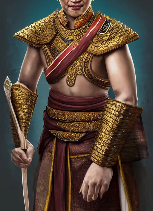 Image similar to king ramkhaheang of sukhothai, close portrait, historical, ethnic group, traditional tai costume, sukhothai headset, leather shoulder armor, fantasy, intricate, with leather armor cross onbare chest, elegant, loin cloth, highly detailed, oill painting, artstation, concept art, matte, sharp focus, illustration, hearthstone, art by earl norem