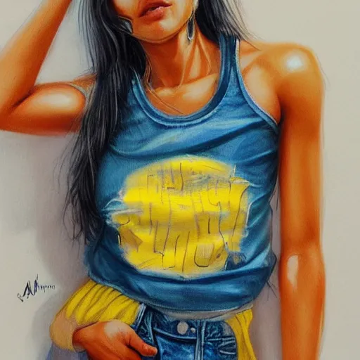 Prompt: young hyderabadi american woman wearing denim short shorts and yellow tank top, highly detailed, artgerm style, artstation, soft light, sharp focus, illustration, character design, concept art