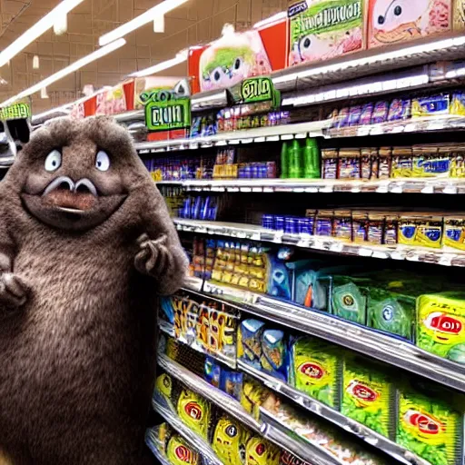 Prompt: scary monster big chungus in a grocery store, vhs, horro