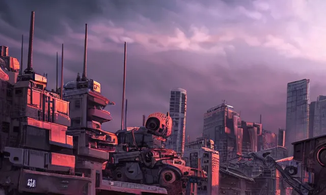 Image similar to Mech defending the city at sunset, photorealistic, hyperrealistic, digital illustrations, concept art, photoreal, cinematic lighting, 30mm film, highly detailed, intricate, award-winning, dark, gritty, beautiful colors, hdr, rendered in Octane, rendered in Unreal engine, 4k, ultra hd