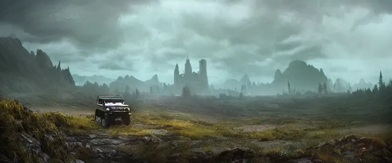 Image similar to Land Rover Defender 110 (1985), an epic fantasy, dramatic lighting, cinematic, establishing shot, extremely high detail, photorealistic, cinematic lighting, artstation, by simon stalenhag, The Elder Scrolls V: Skyrim, Whiterun Hold, Burning wooden nordic Dragonsreach castle in the distance, Battle for Whiterun city, Stormcloaks vs Imperials, Swarms of Stormcloaks and Imperials fighting eachother, Intense fighting, Whiterun city burning, Skyrim Civil War, High casualties, blood and dead soldiers, aftermath of a huge battle