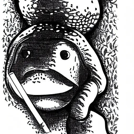 Prompt: storybook illustration of a turtle smoking a cigarette, storybook illustration, monochromatic, black and white