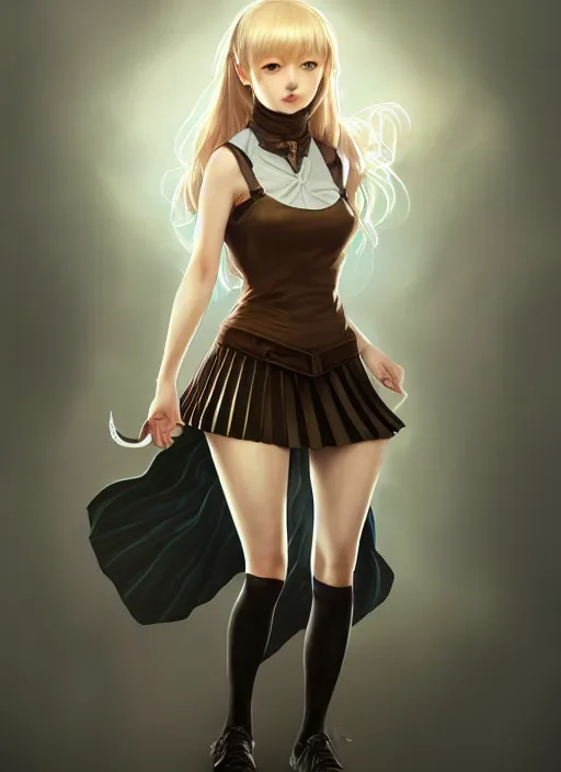 Image similar to portrait of a full body of beautiful young female detective, d & d, sleeveless turtleneck, pleated skirt, fantasy, flat lighting, intricate, highly detailed, digital painting, artstation, concept art, smooth, sharp focus, illustration, misa amane, art by simon bisley and greg rutkowski and alphonse mucha, natural tpose