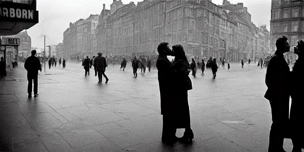 Image similar to street photo, couple of man and woman kiss on the background of the war, film photography, exposed b & w photography, christopher morris photography, bruce davidson photography, peter marlow photography