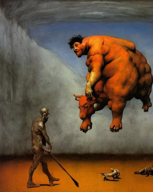 Image similar to a Francis Bacon Painting of a large beast walking the countryside and eating a person, Beksinski painting, part by Francisco Goya and Gerhard Richter. art by James Jean, Francis Bacon masterpiece