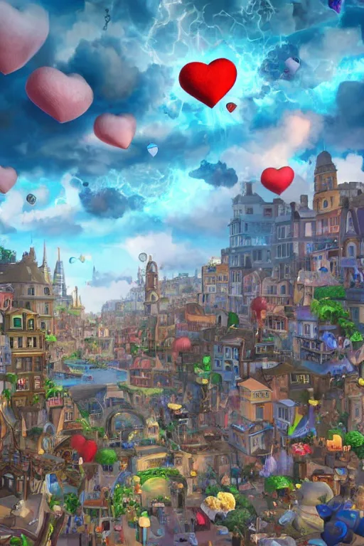 Prompt: ! dream hyperrealistic photo of a city of love, bombs are falling from the sky, medium angle, in the style of hearthstone game