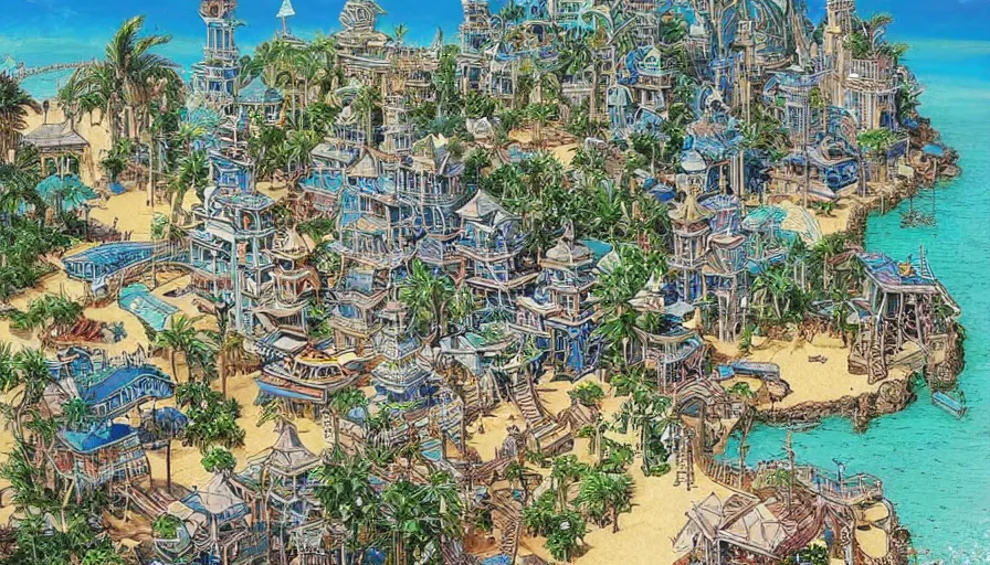 Image similar to beautiful seaside tropical village by moebius, intricate, very beautiful, highly detailed