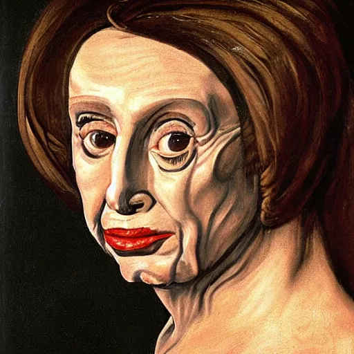 Prompt: Nancy pelosi painted as Medusa by Caravaggio