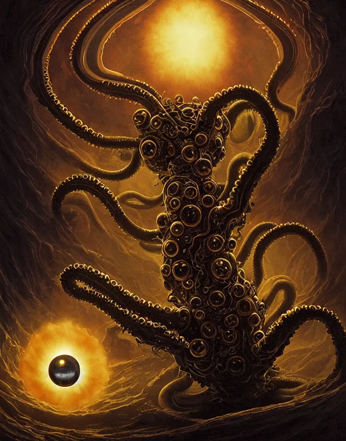 Image similar to a detailed digital art of an alien creature with multiple eyes and tentacles emerges from a glowing orb in the center of a dark, foreign landscape,by Albert Bierstadt, Yohann Schepacz and Laurel Burch,style of grim dark, Kai Fine Art, chiaroscuro, dark academia, copper patina,detailed, ornate, maximalist, 8k, cinematic, compositing, post processing, award winning art,artstationHQ,artstationHD