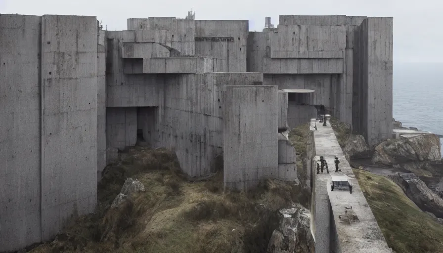 Image similar to big brutalist imperial military base on cliffs, drawing architecture,, greig fraser, very long shot, top angle, imperial architecture in rogue one, pritzker architecture prize, brutalism architecture, jan urschel