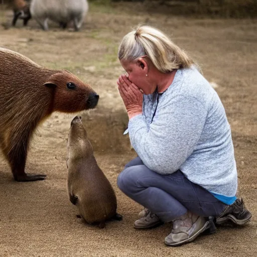 Prompt: woman praying to a capybara that is sitting on a pedastal